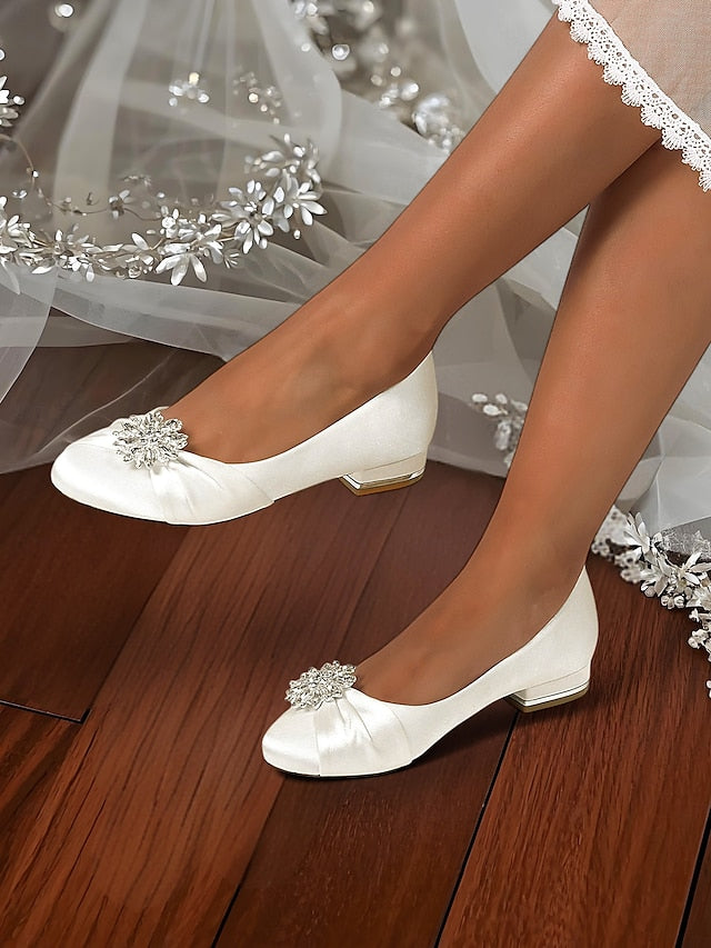 White Wedding Satin Flats – Elegant Crystal Women's