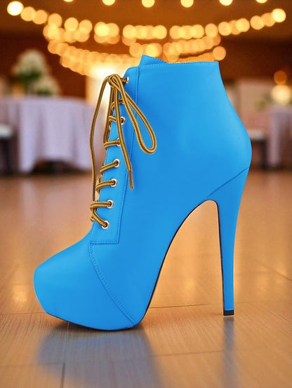 Boots Beige Platform Women's - Lace-Up Ankle Leather Faux