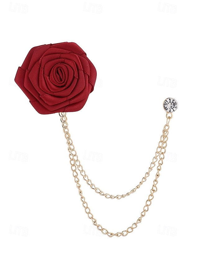 Lapel Elegant Pin – Red Men's Chain with Gold Rose