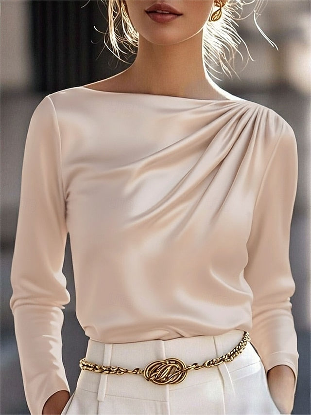 Women's Satin Shirt Dress Shirt Blouse Ruched Solid Color