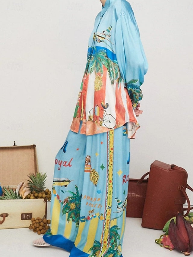 Women's Shirt Blouse Wide Leg Pants Long Sleeve Shirt