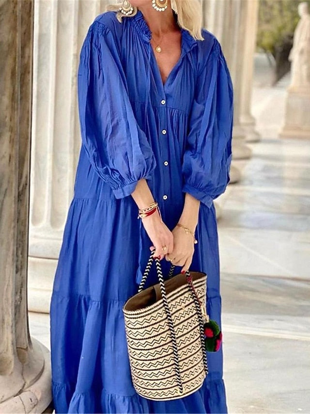 Women's Black Blue Summer Spring Maxi Dress Cotton Linen
