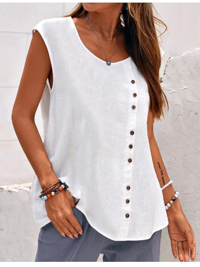 Women's Tank Top Faux Cotton Linen Buttons Plain Hawaiian