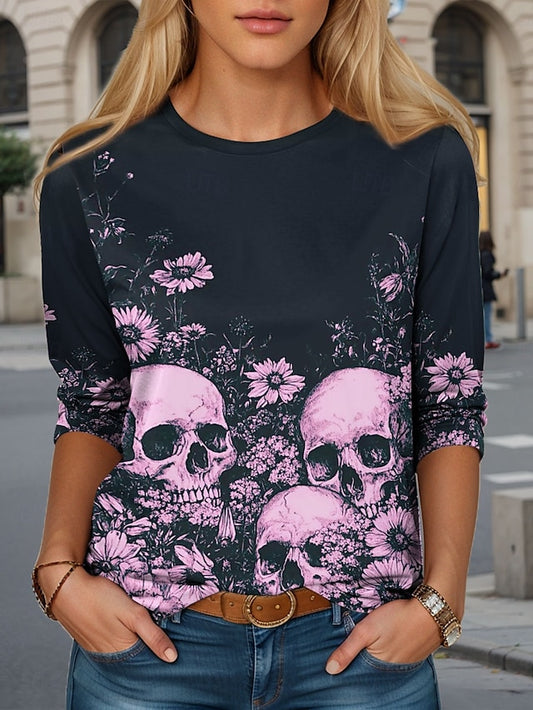 Women's T Shirt Skulls Crew Neck Long Sleeve Tunic Graphic