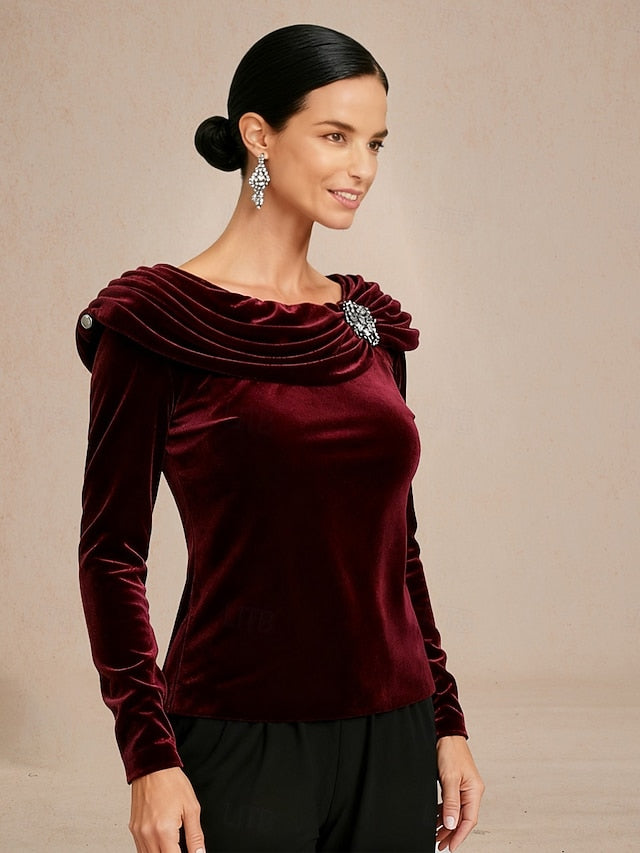 Christmas Women's Dressy Tops Velvet Elegant Long Sleeve