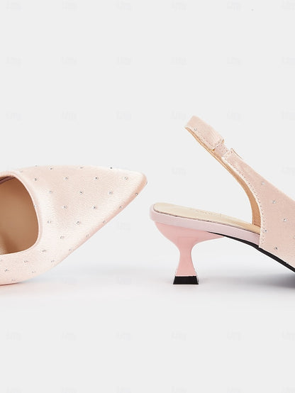 Heels Studs with Kitten Rhinestone Slingback Satin Women's