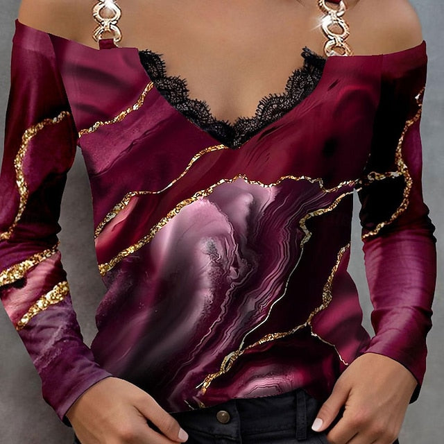Women's Blouse Long Sleeve  V Neck Fashion Abstract Print