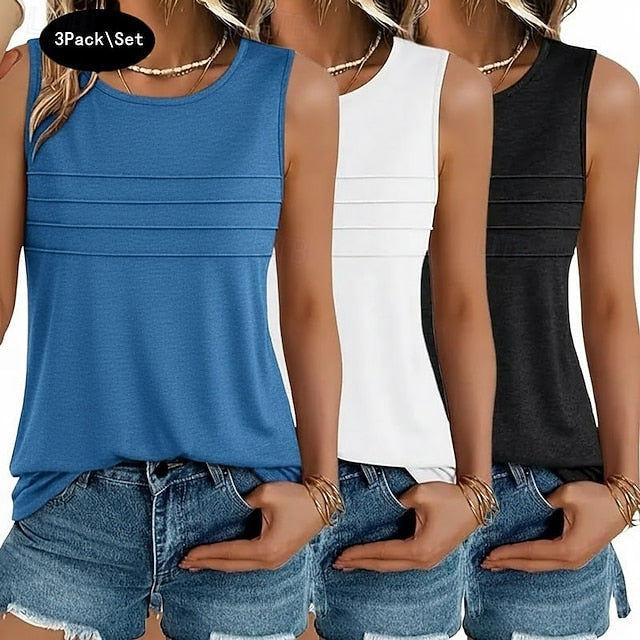 Multi Packs 3pcs Female Round Neck Sleeveless black+white+green