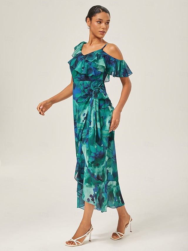 Chiffon Ruffled Tie-Front Midi Dress