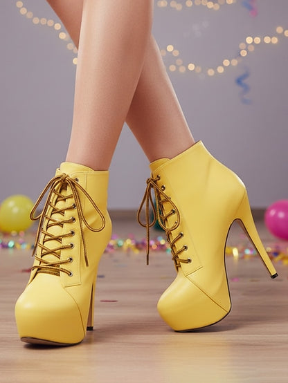 Boots Beige Platform Women's - Lace-Up Ankle Leather Faux