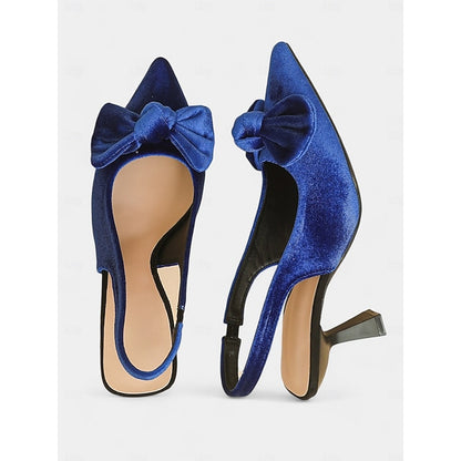 Slingback Women's Velvet Bow Blue with Heels Pointed Toe
