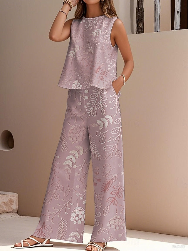 Women's Pants Sets Faux Cotton Linen Sleeveless Crew Neck