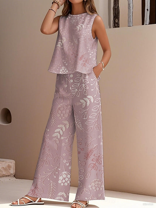Women's Pants Sets Faux Cotton Linen Sleeveless Crew Neck