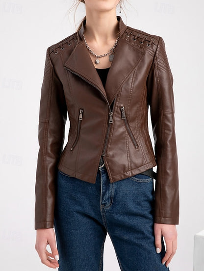 Pocket Leather Jacket Comfortable Faux Zipper Women's