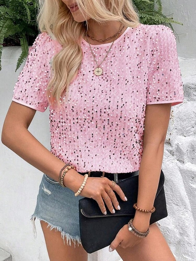 Women's Blouse Sequins Solid Color Stylish Casual Short