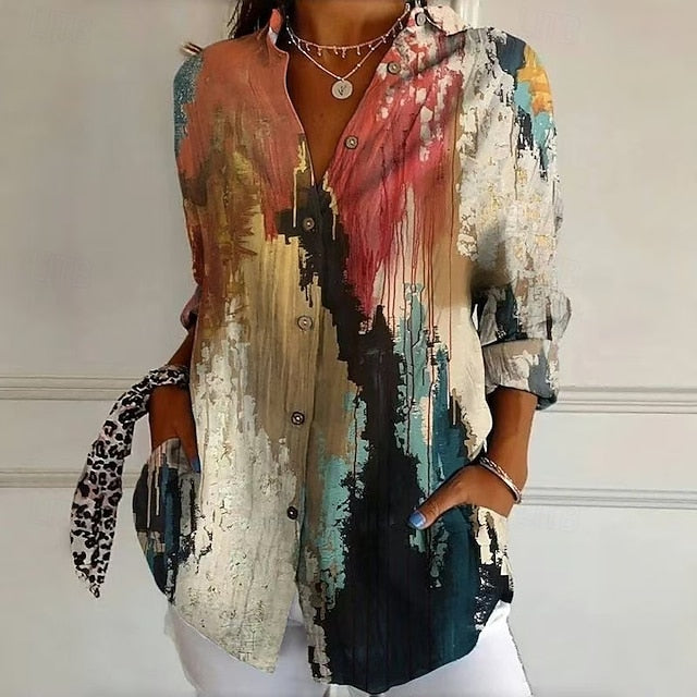 Women's Shirt Patchwork Buttons Print Graphic Geometric
