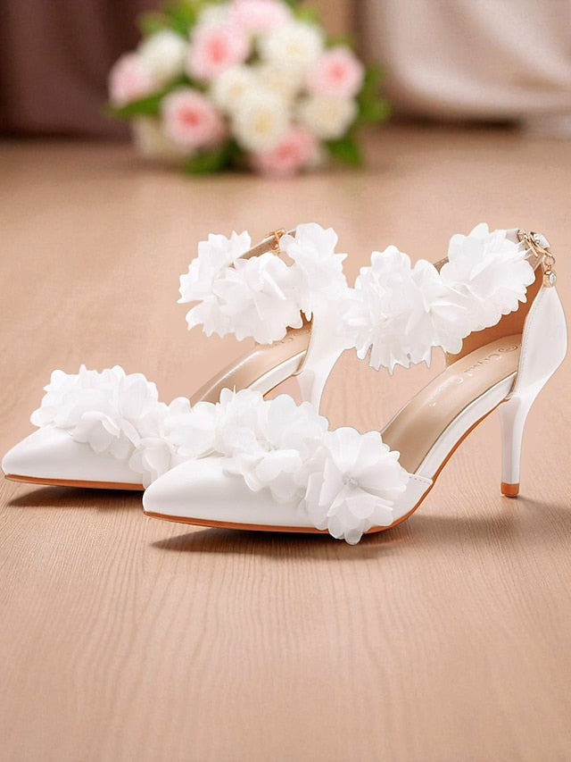 Pointed Floral Ankle Elegant - White Strap Women's Heels