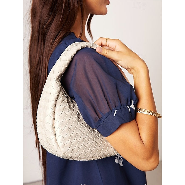 – Leather Round Woven Chic Women's Elegant Ivory Hobo Bag