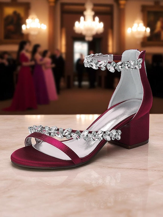 Satin Heel Block Sandals - Purple Women's Crystal