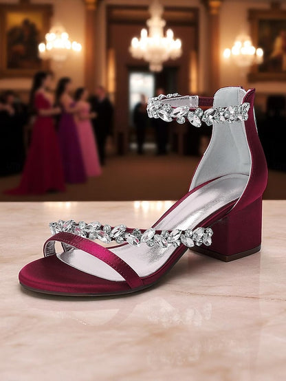 Satin Heel Block Sandals - Purple Women's Crystal