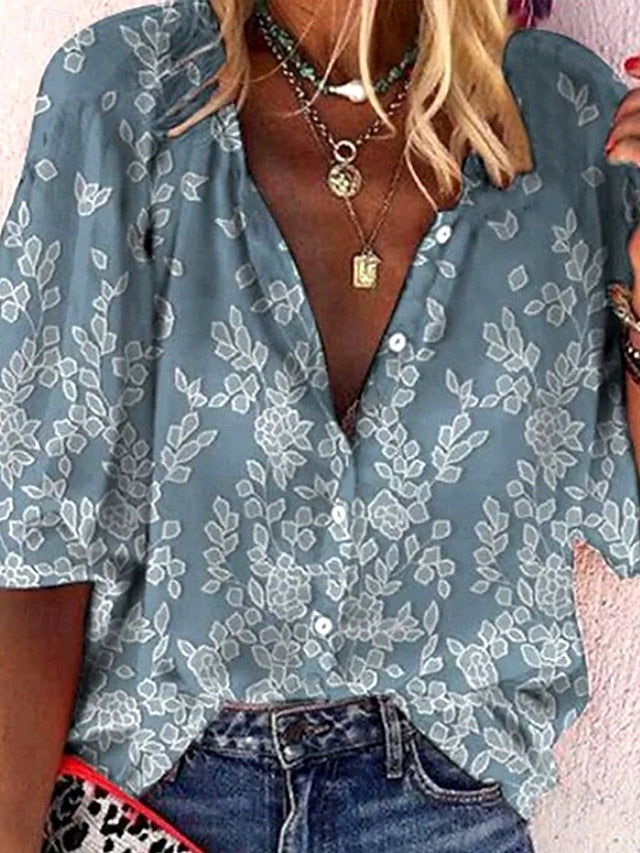 Women's Shirt Button Down Blouse Ombre Floral Graphic