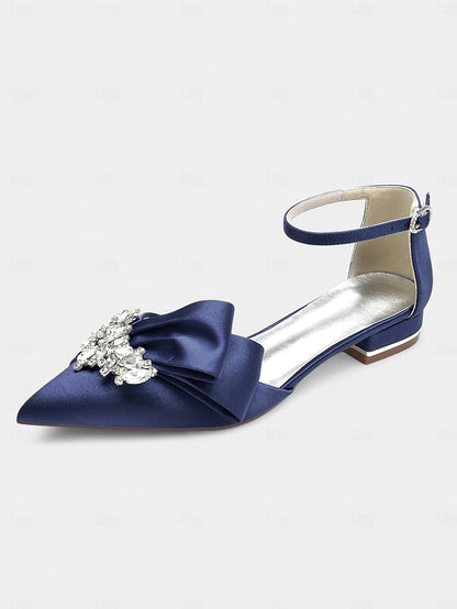 with Heels Pointed-Toe Ankle and White Bow Satin Rhinestone