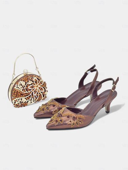 Embellished with Heels Slingback – Matching Gold Handbag