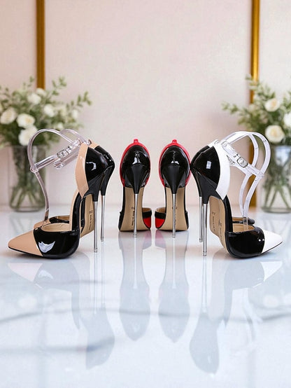 Patent Toe Leather Black and Red Women's Pointed Stiletto