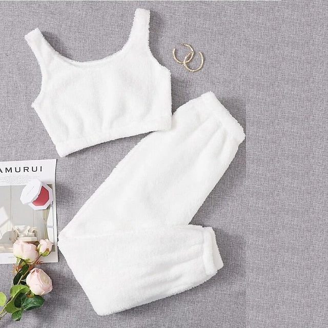 Solid Fuzzy Lounge Set Warm Tank Crop Top & Elastic