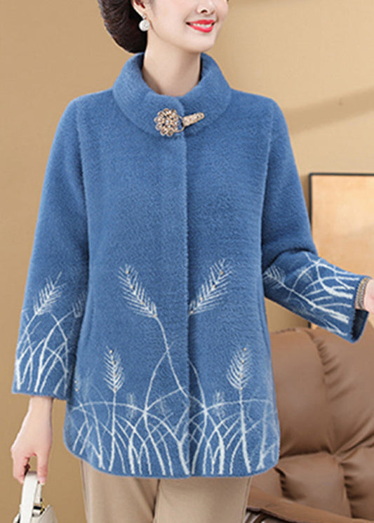 omen Blue Print Pockets Mink Velvet Coats Spring TA035