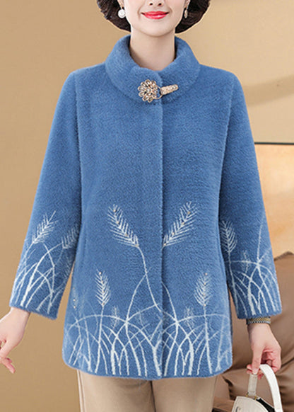 omen Blue Print Pockets Mink Velvet Coats Spring TA035