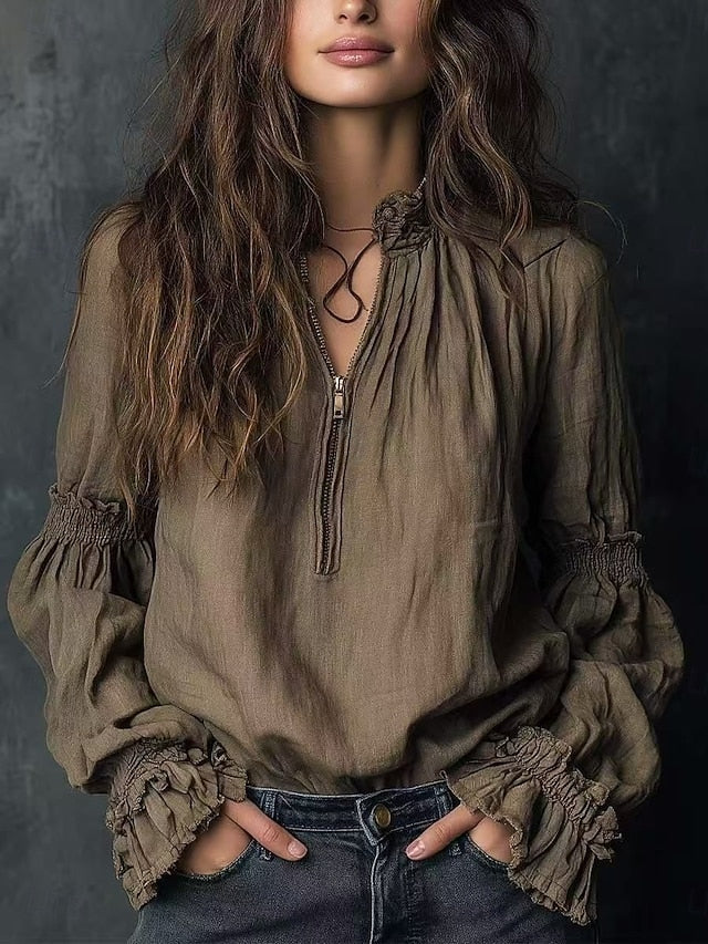 Women's Shirt Casual Shirt Lace Tops Zipper Plain Vintage
