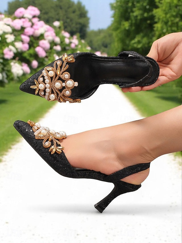 - Detailing Black Satin Heels Slingback Women's Pearl with