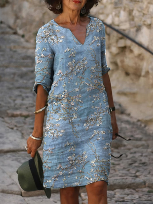 Women's Midi Dress Shift Dress Floral Print Split Neck