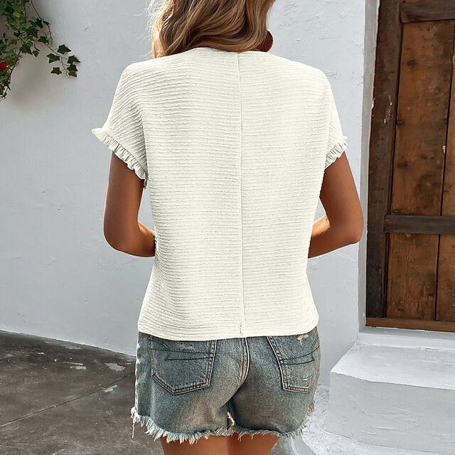 Women's Textured Knit Tops Ruched Ruffle Solid Color