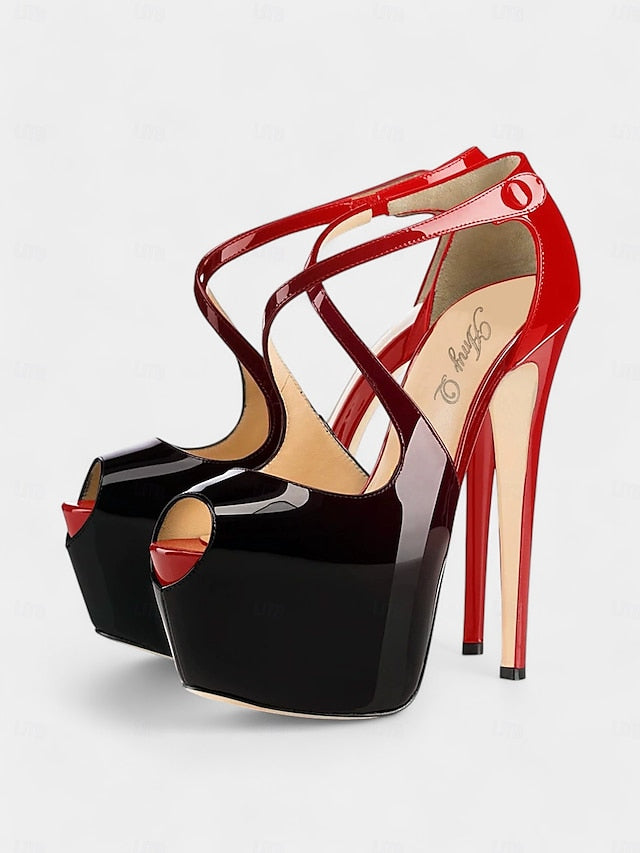 Red Leather Black Patent Heels Cross and Platform Stiletto with