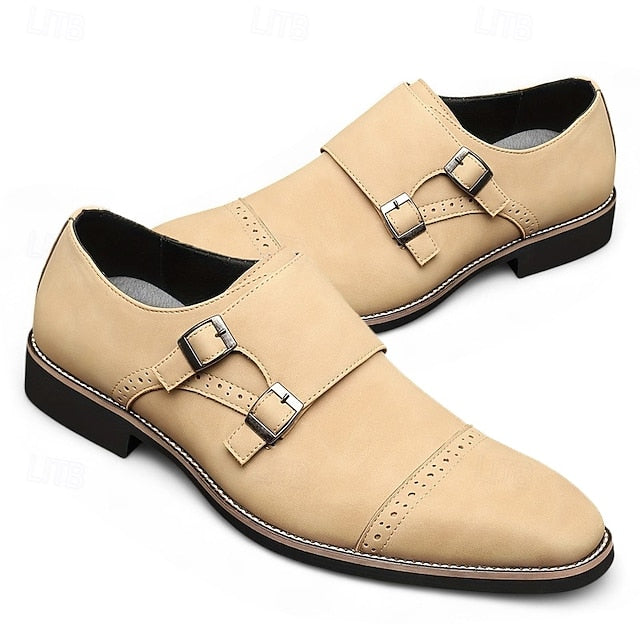 Men's Shoes Strap Double Leather Faux Monk Beige with