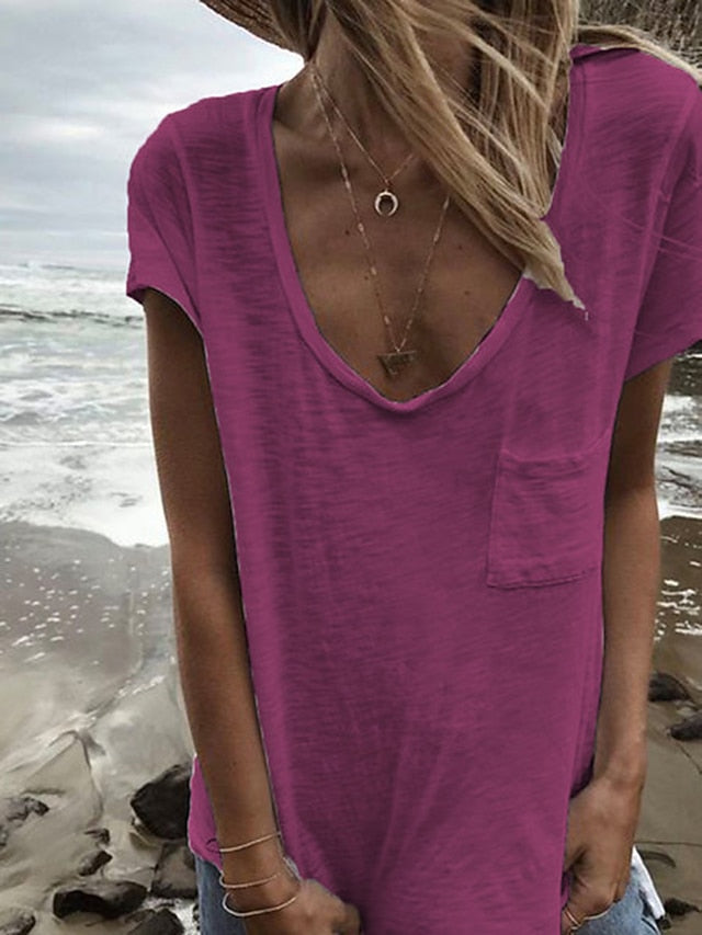 Women's T Shirt Pocket Plain Basic Short Sleeve V Neck