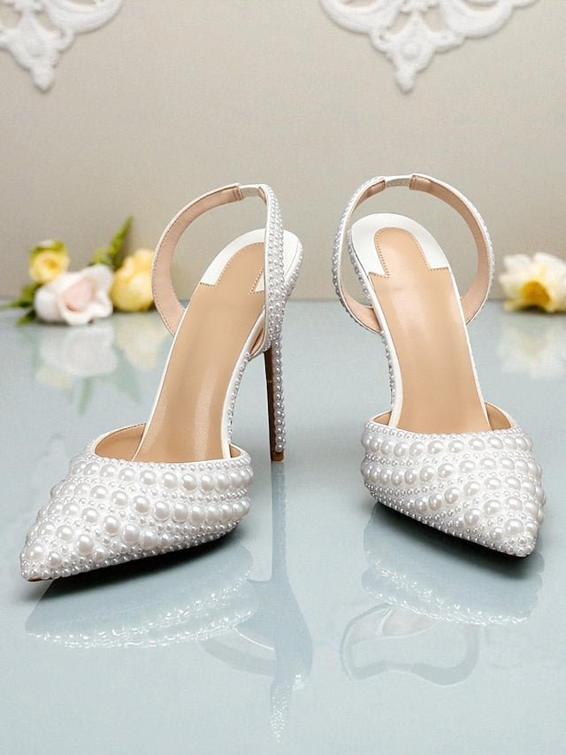 Women's White Leather Heels Slingback Pearl-Embellished -