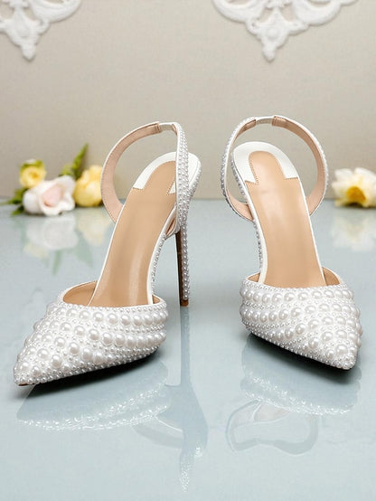 Women's White Leather Heels Slingback Pearl-Embellished -