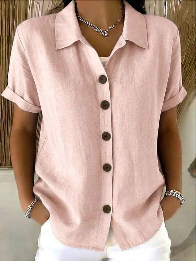 Women's Blouse Buttons Solid Color Stylish Casual Short