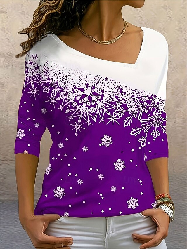 Christmas Women's T Shirt Print 3/4 Sleeve Scoop Neck