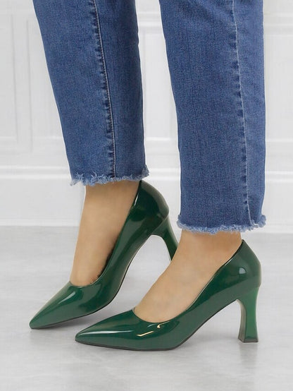 Green Leather Glossy Pumps Patent Heel Faux Block Pointed-Toe