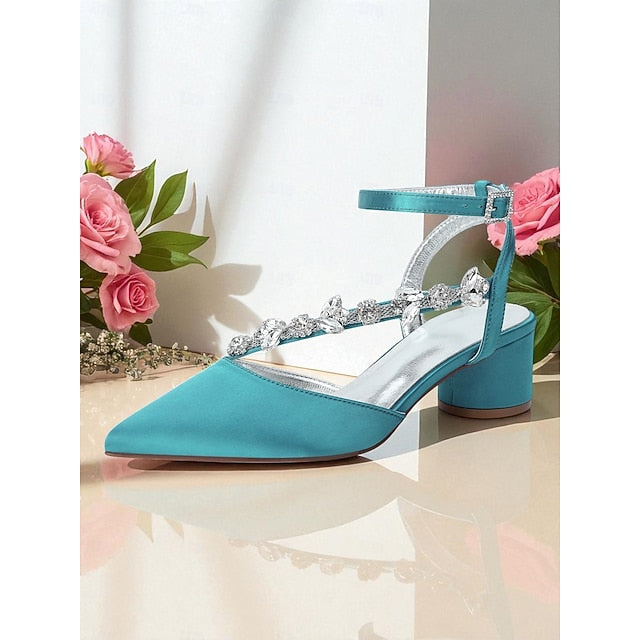 Block Pumps Heel Purple with Satin Rhinestone Women's