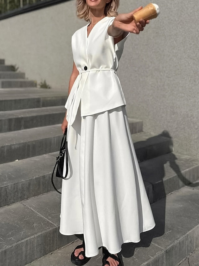 Women's Two Piece Sets Skirt Sets Short Sleeve V Neck Plain