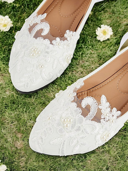Wedding Ribbon Lace White Shoes - Ties Elegant Bridal Flats with