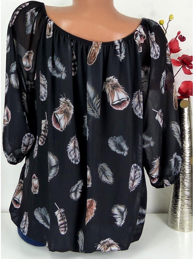 Women's Bohemian Blouse Feather Print Long Sleeve V-Neck