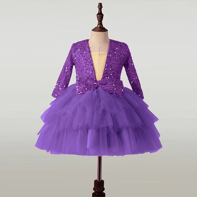 Girls' Long Kids Performance Party Sleeve Dress Sequin