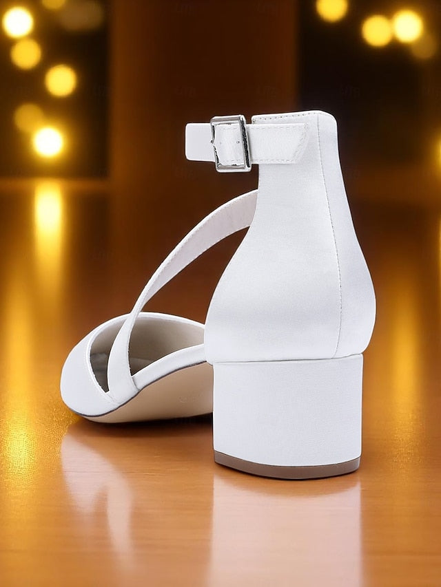 Pointed Toe Satin Champagne Block Heels - Women's