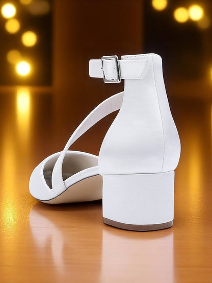 Pointed Toe Satin Champagne Block Heels - Women's